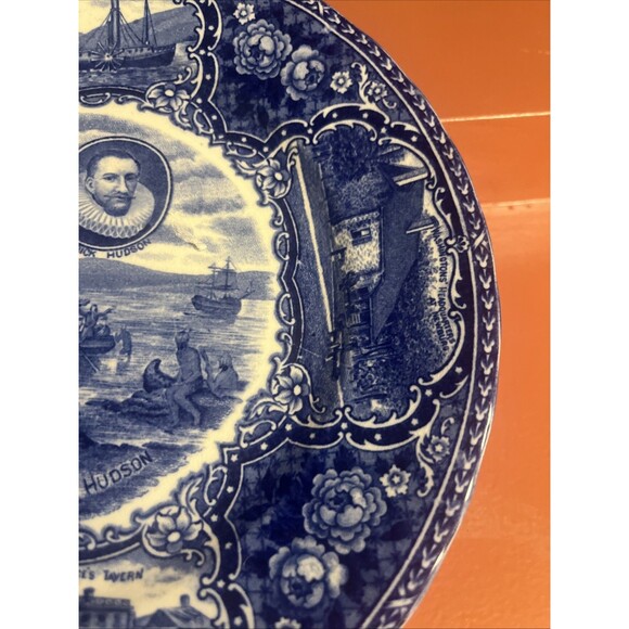 Staffordshire England Flow Blue Plate Landing Hendrick Hudson No 5 Ye Olde - Picture 5 of 7